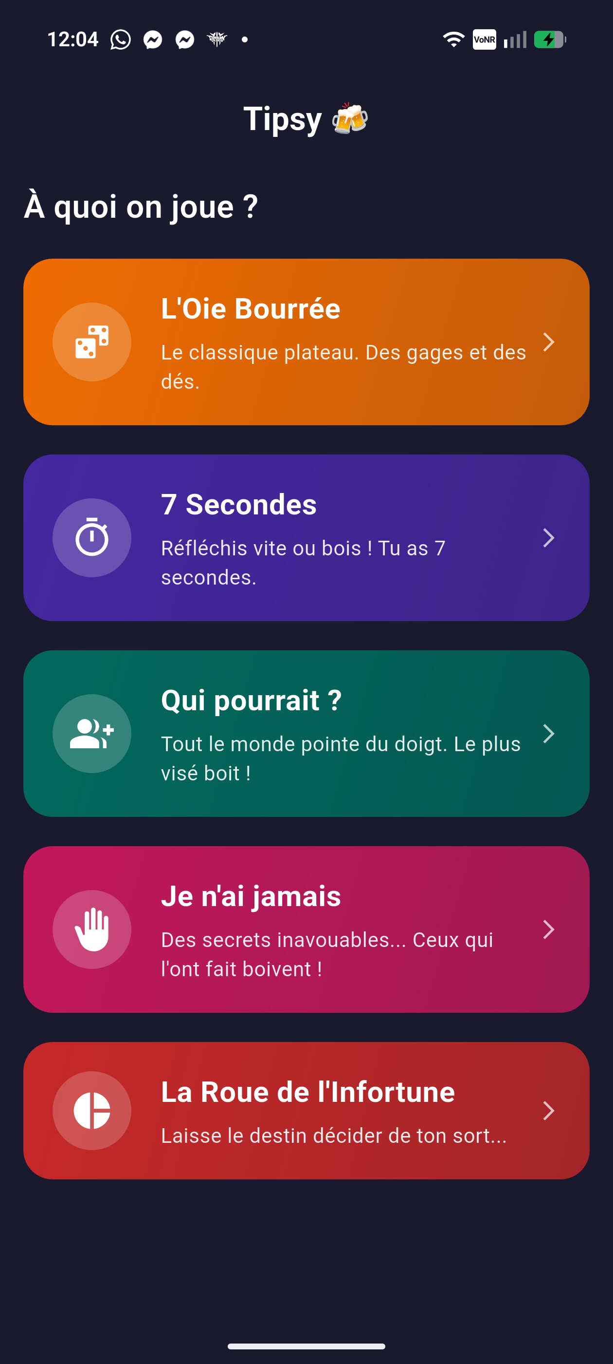 Three screenshots from Tipsy: the Game of the Goose board, 7-second mode, and who could